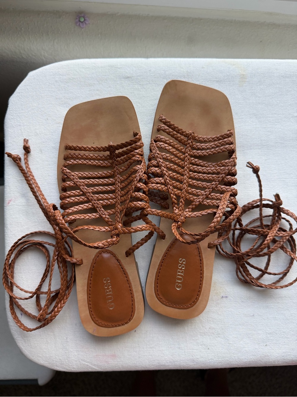 GUESS Tan Braided Lace-Up Gladiator Sandals